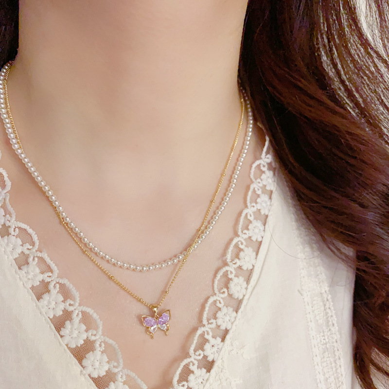 A fresh and fashionable, versatile double-layer glass bead butterfly pendant necklace, light luxury, simple and versatile, with a high-end feel for women Specification image