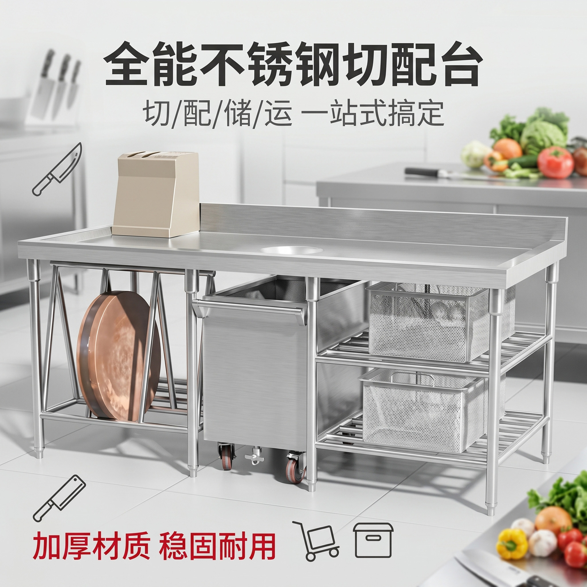 商用不锈钢切配台多功能厨房工作台带储物柜移动轮后厨备餐操作台