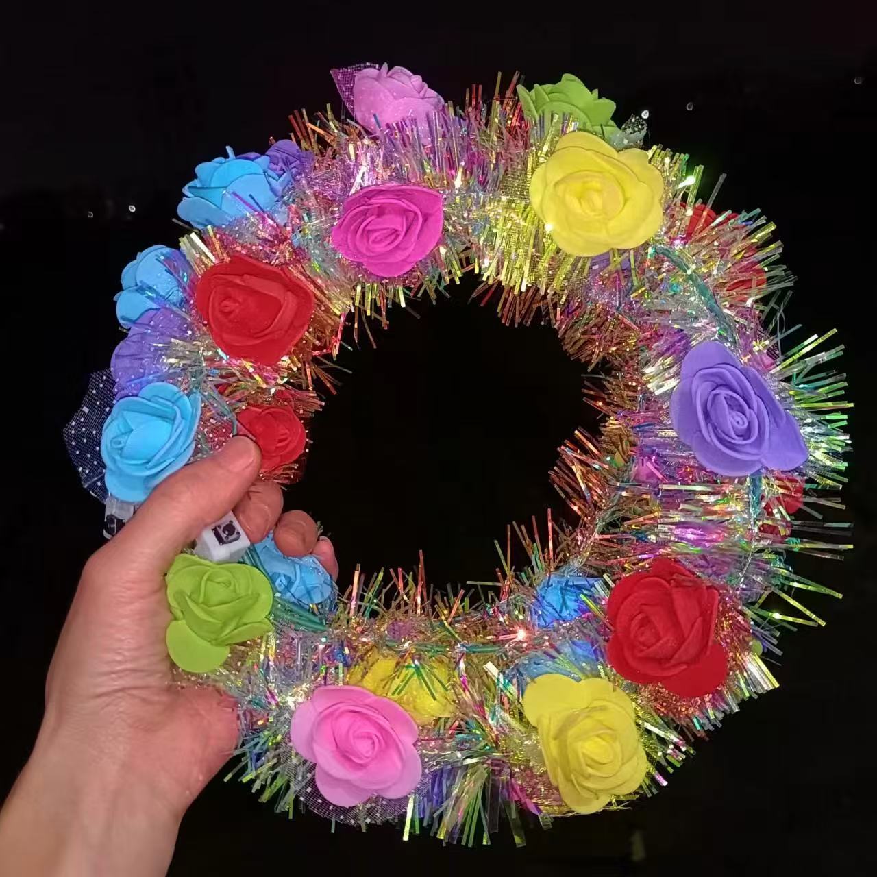 新款发光花环LED灯金丝泡沫大花环闪光头饰夜市景区地摊玩具批发