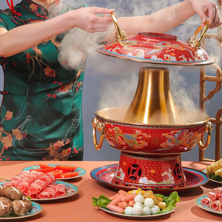 景泰蓝火锅家用商用聚餐碳火锅老北京涮牛羊肉火锅铜火锅产品图
