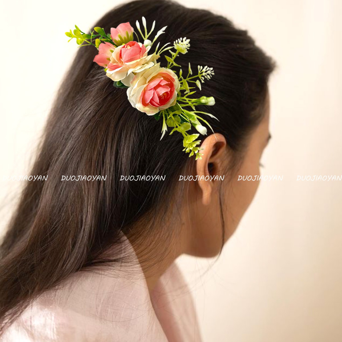 European and American rose hair combs, colorful and realistic rose headwear, bride's wedding hair accessories, party and ball flower headwear Specification drawing