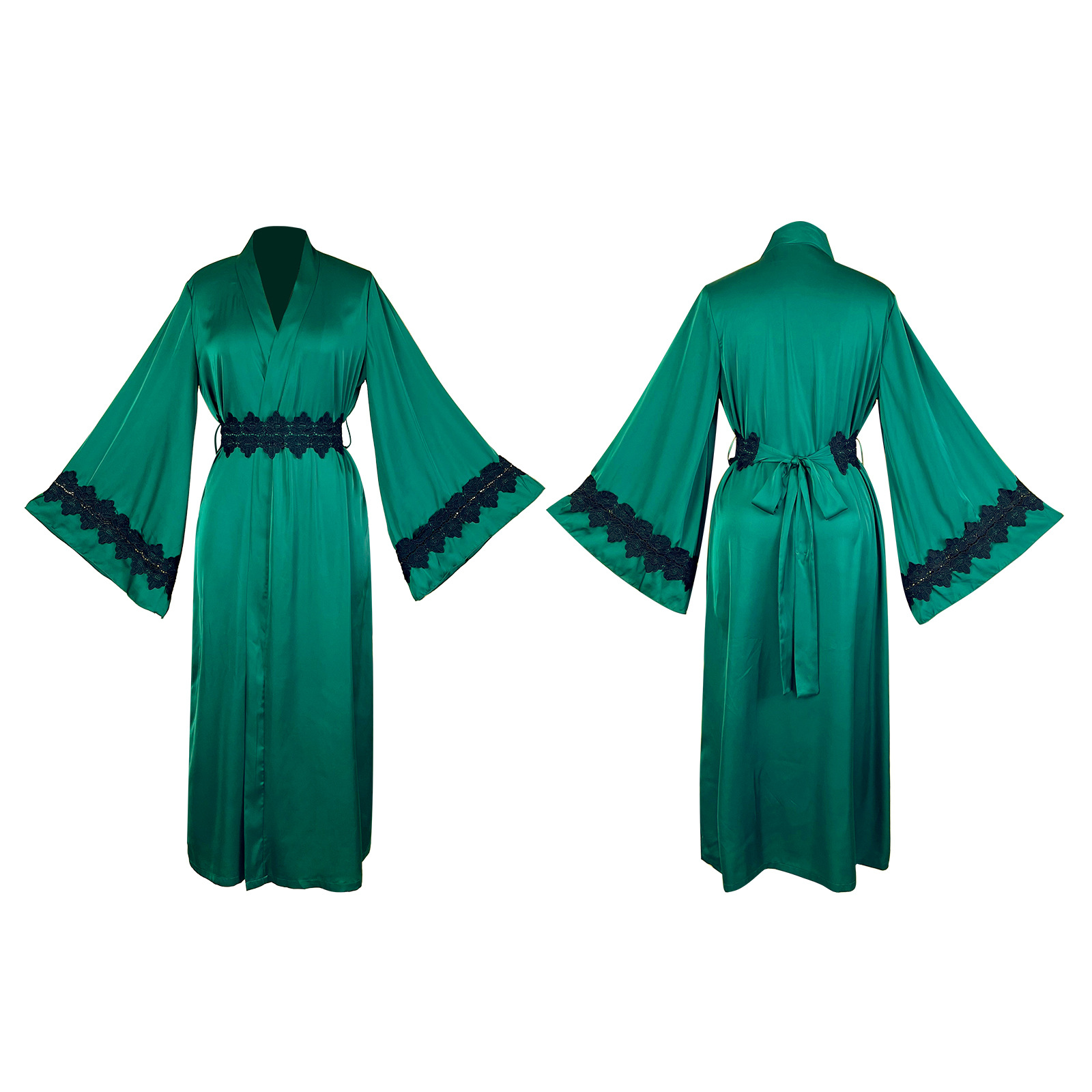 Sexy and light luxury lady's satin bathrobe with water-soluble floral decoration, flared sleeves, cinched waist and tie, foreign trade style home wear 1145 Item Picture