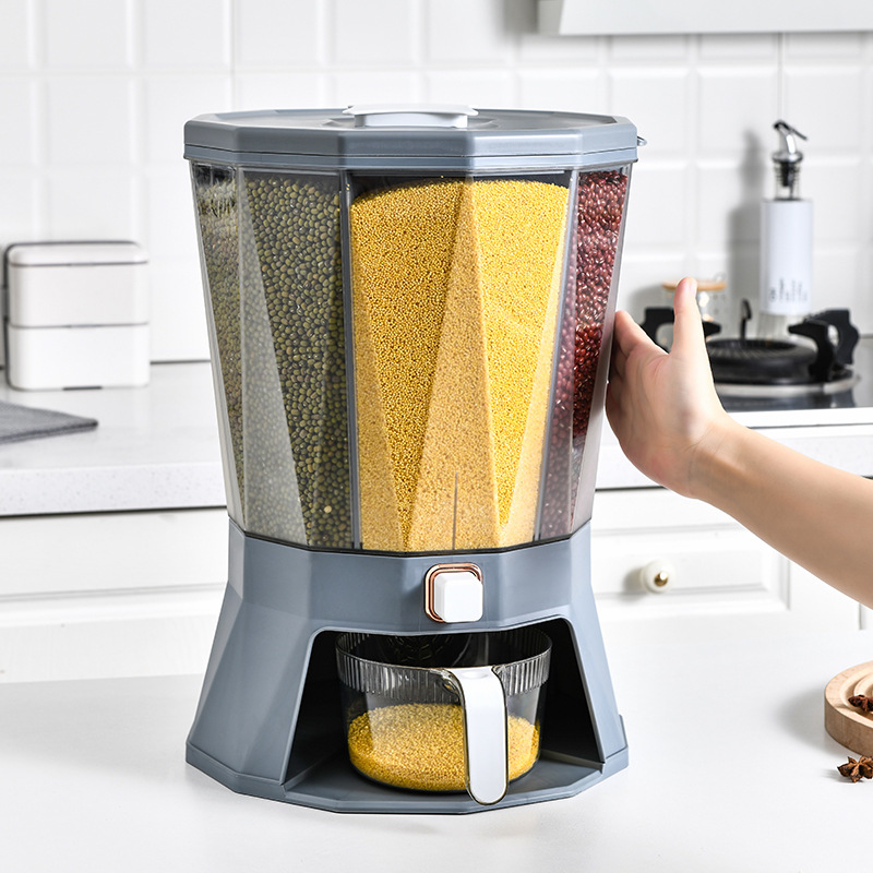 Kitchen classified rotating rice bucket, grain and cereal compartments, press-sealed jar, household moisture-proof and insect-proof plastic rice storage bucket