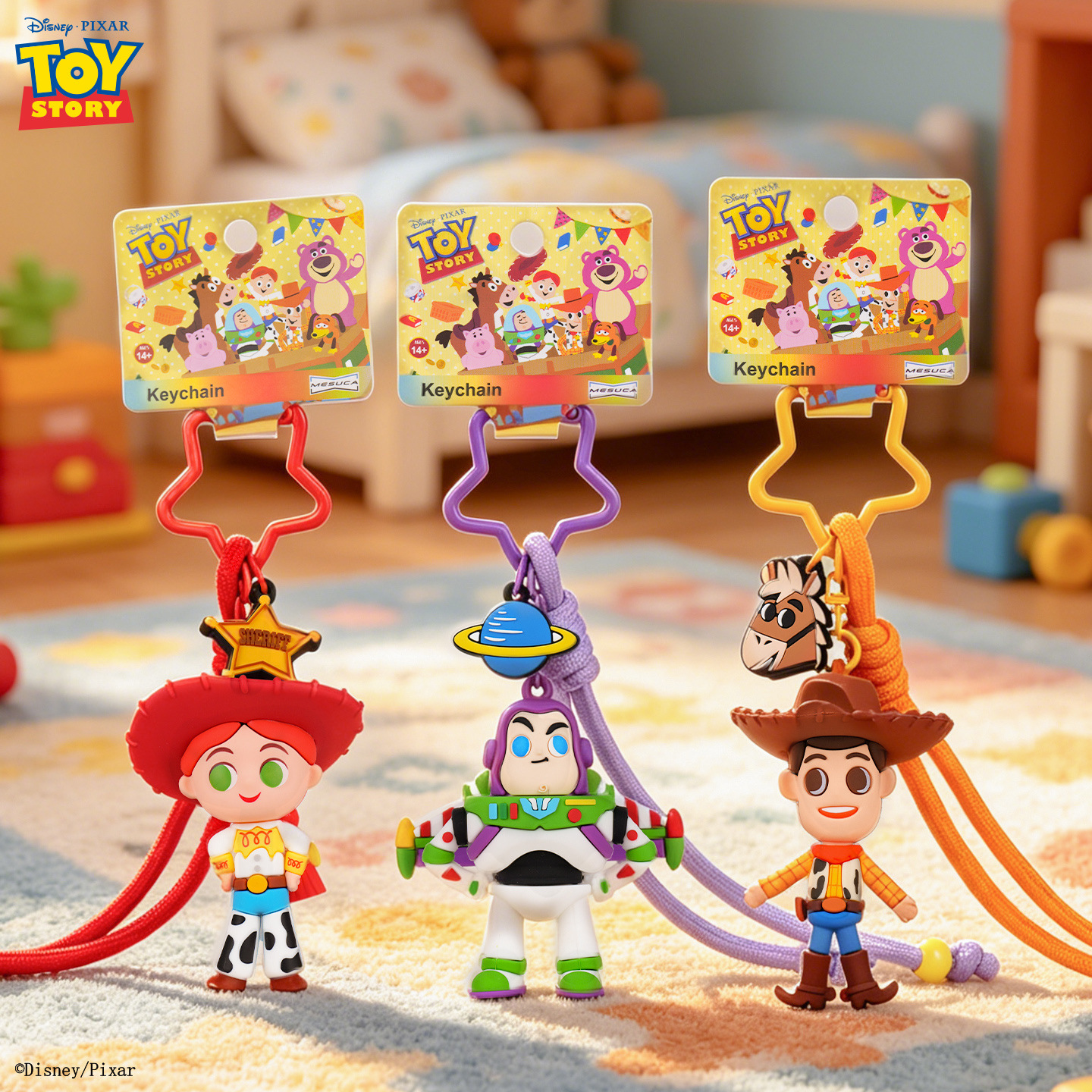 Genuine Toy Story keychain Buzz Lightyear Strawberry Bear Three-Eyed Boy bag accessory Cartoon bag pendant details Picture