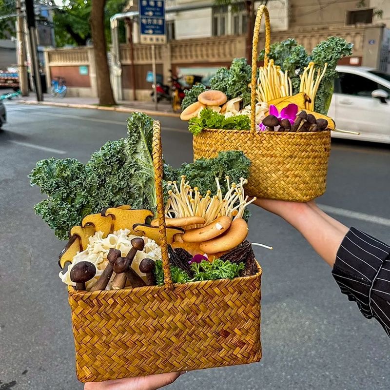 田园风手工藤编织手提篮子网红火锅店创意时蔬青菜菌菇拼盘餐具篮