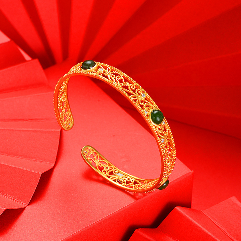 Wholesale female inlaid Hetian jade bracelet, Chinese-style hollowed-out design, Chinese-style jewelry, Douyin bestseller details Picture