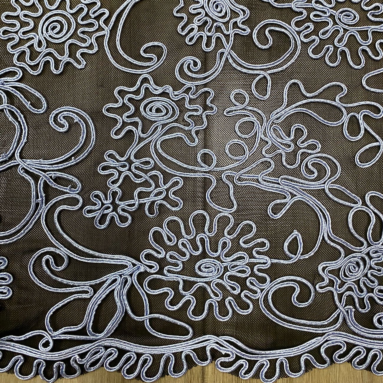 Factory stock of new three-dimensional ribbon embroidered lace mesh fabric for wedding dresses and evening gowns with strand embroidery Specification image