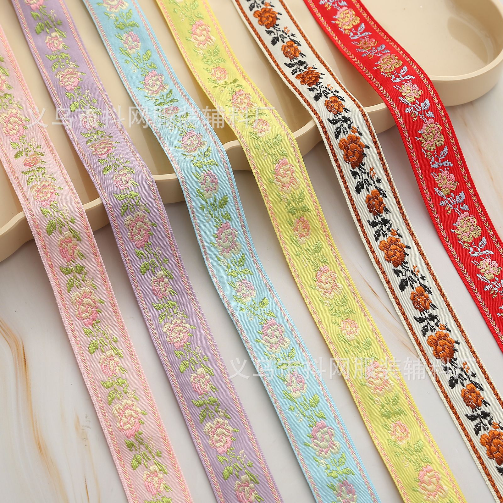 2.5 cm gold rose ethnic style embroidered jacquard webbing, DIY ethnic clothing accessory lace