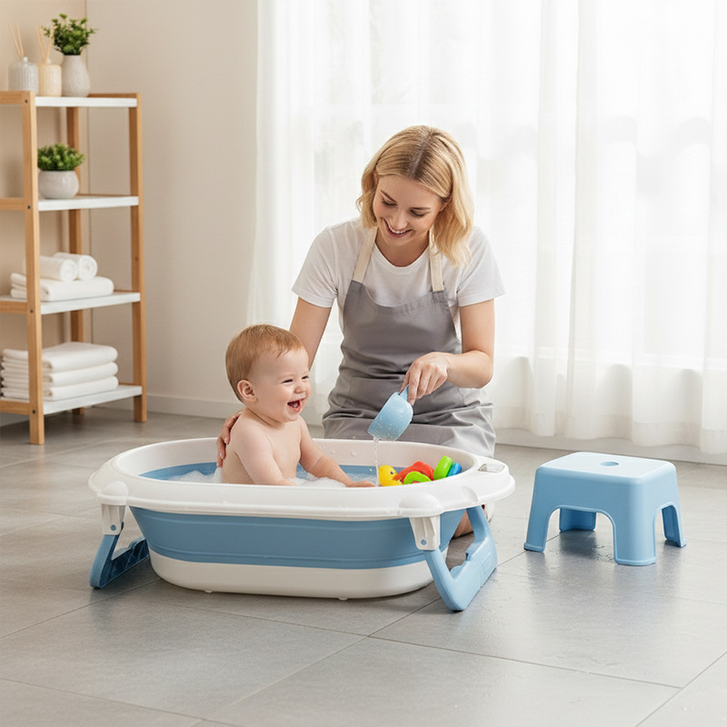 婴儿洗澡盆感温婴儿折叠浴盆宝宝洗澡盆PP+TPE折叠浴盆配浴垫跨境