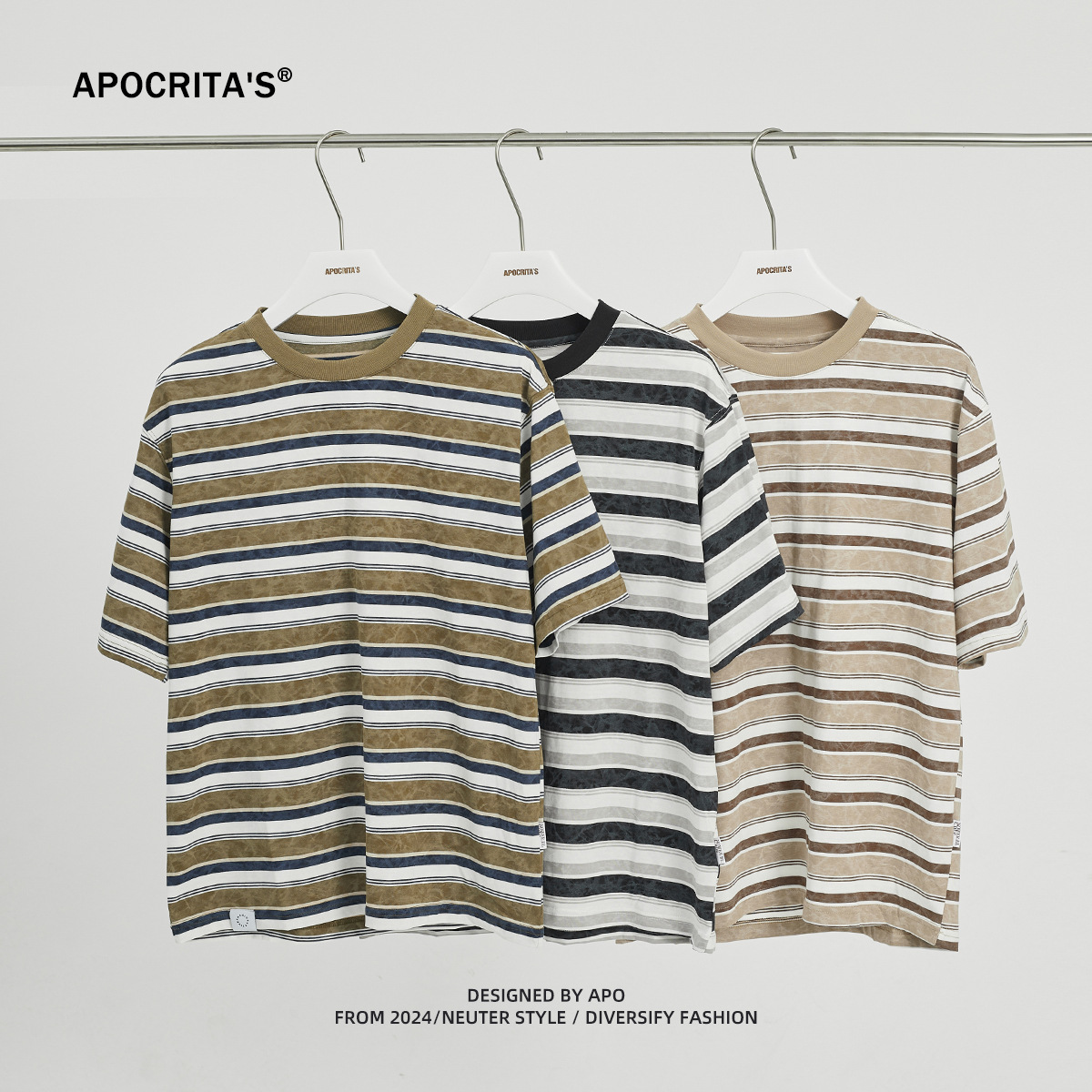 APO Men's Wear: Japanese retro trend color-blocking striped T-shirt for men's summer new round neck loose and versatile short-sleeved men's T-shirt details Picture