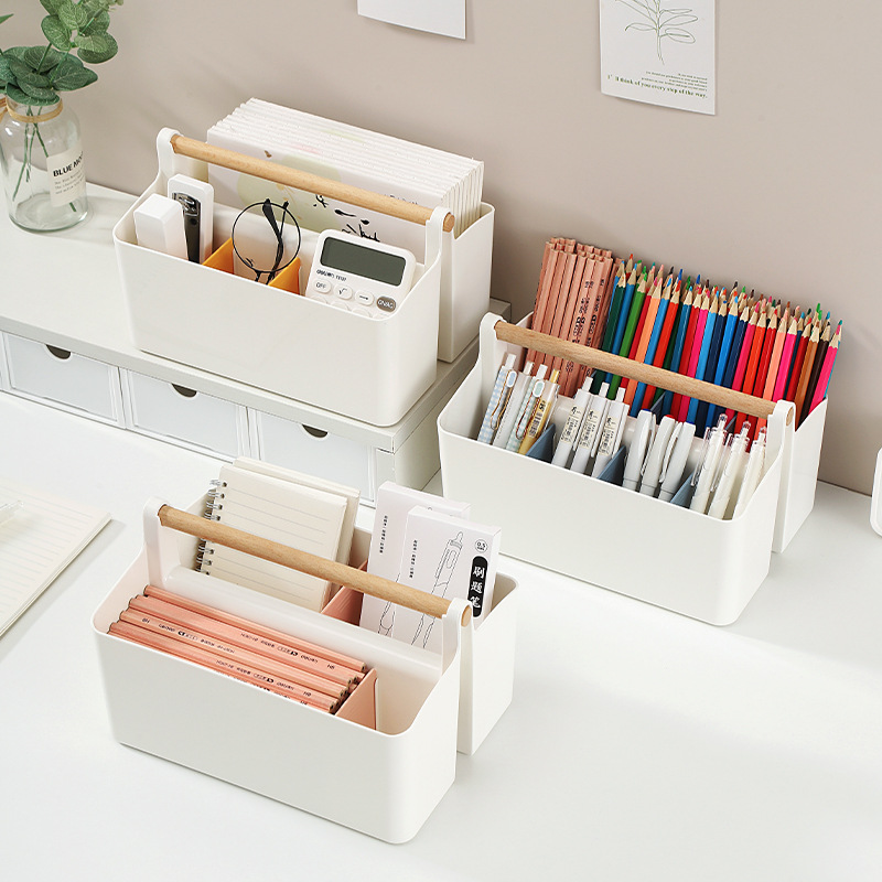 Desktop compartment-divided wooden hand-held storage box, stationery pen organization, stackable remote control, watercolor marker pen storage box Specification image