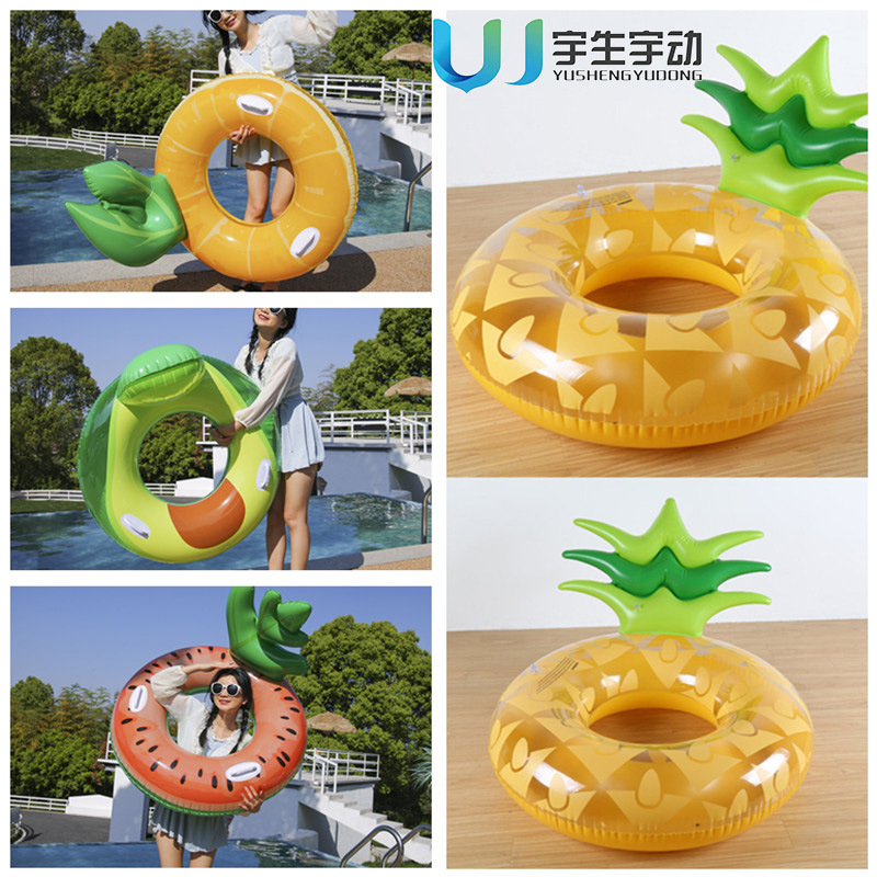 跨境水果靠背游泳圈西瓜牛油果把手腋下圈成人菠萝靠背泳圈批发