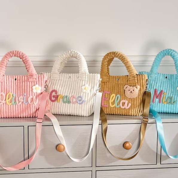 Cross-border canvas bag, striped canvas bag, etsy personalized hand-embroidered name, crossbody backpack, candy-colored hand-held high-end white matching corduroy single-shoulder tote bag, fabric bag Specification image