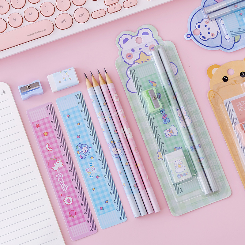 Festival gift cartoon stationery set, student pencil set, original new five-piece set, eraser pencil sharpener details Picture