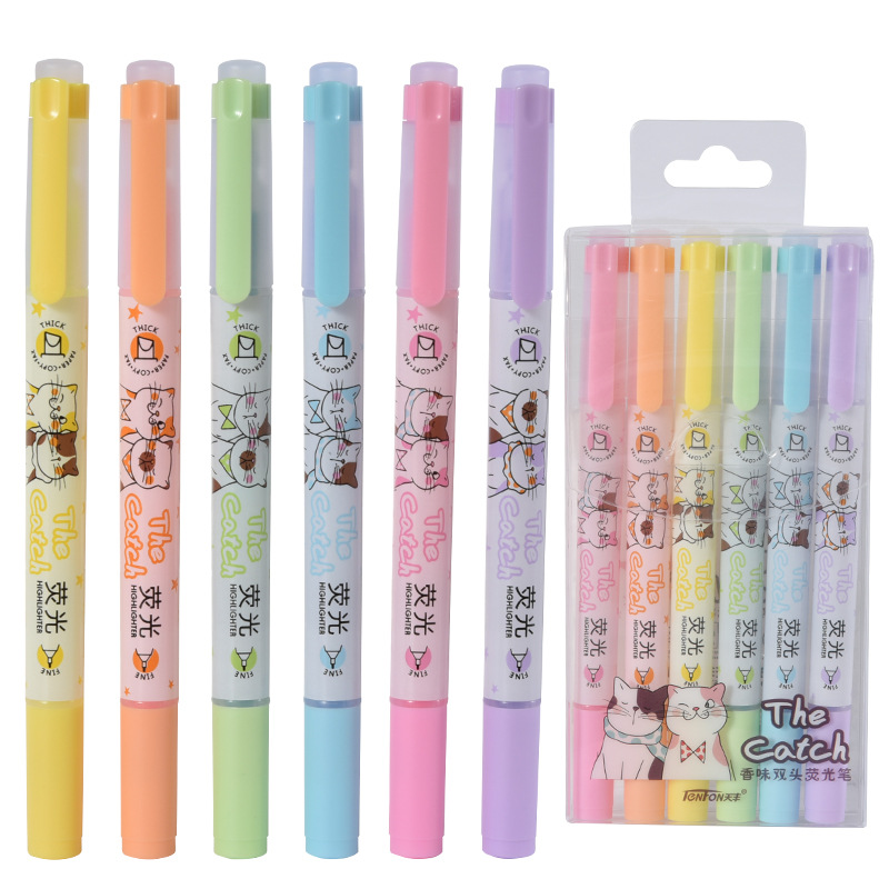Tianfeng Double-headed Single-color Highlighter 2303 Scented Double-headed Highlighter Markers 6 pieces per bag, with bright colors full figure
