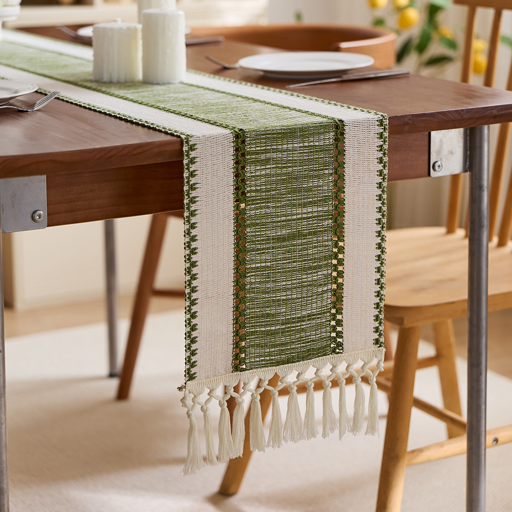 Cotton and linen style table flag with tassel knots, fresh and clean sage green festival party table decoration, coffee table tablecloth pad Application Scenario