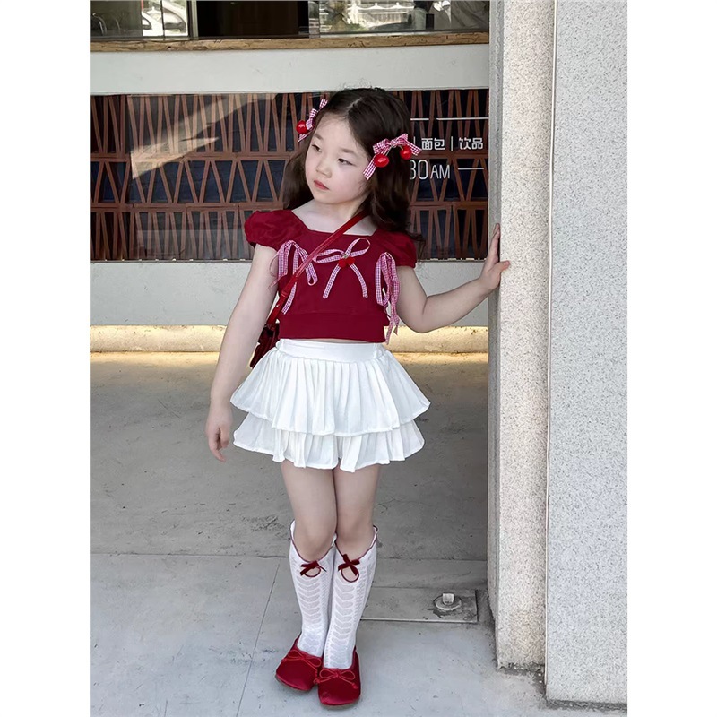 女童2024夏季新款蝴蝶结红色樱桃上衣蛋糕裙套装短袖T恤百褶裙裤