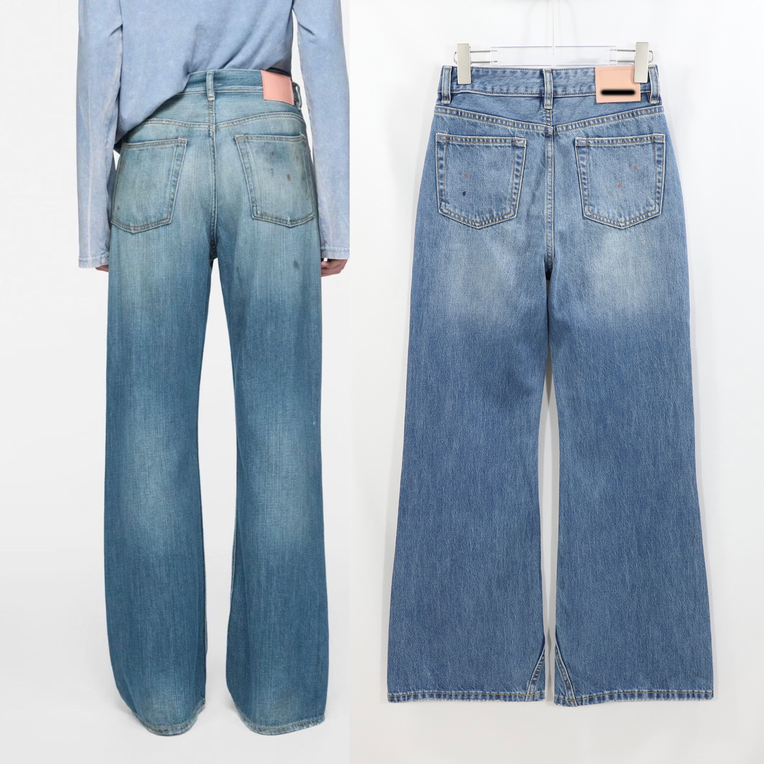 AC blue straight-leg jeans for women, high-waisted wide-leg, ink-wash distressed printed flared pants, dirty pants, Spring 2026 new style details Picture