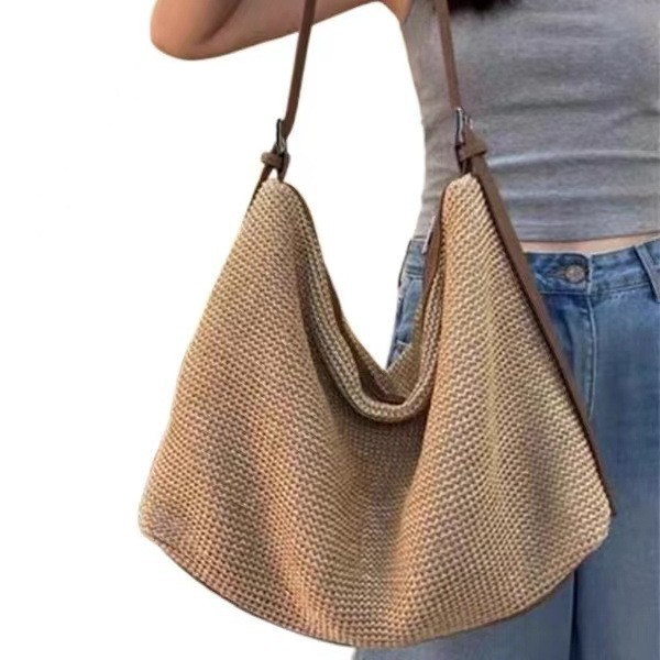 Cross-border straw weaving bags, summer niche woven bags, women's fashionable single-shoulder straw weaving bags, large-capacity commuter tote bags, women's bags, straw weaving bags Item Picture