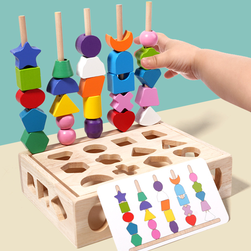 Niños de madera cinco conjuntos de columna con cuentas formas geométricas emparejamiento bloques de construcción color cognición mindfulness juguetes educativos tempranos
