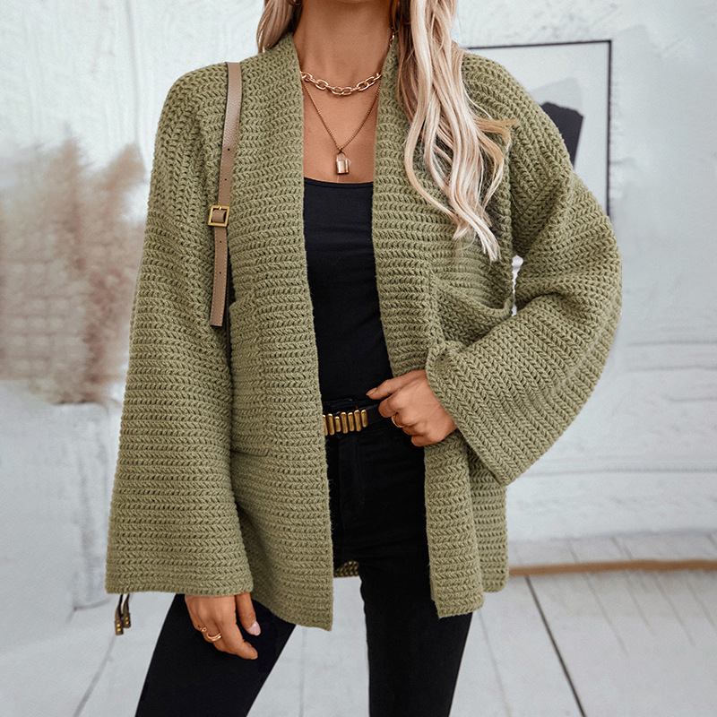 Cross-border foreign trade European and American women's sweater autumn and winter new retro mid-length V-neck solid color cardigan sweater knitted sweater full figure