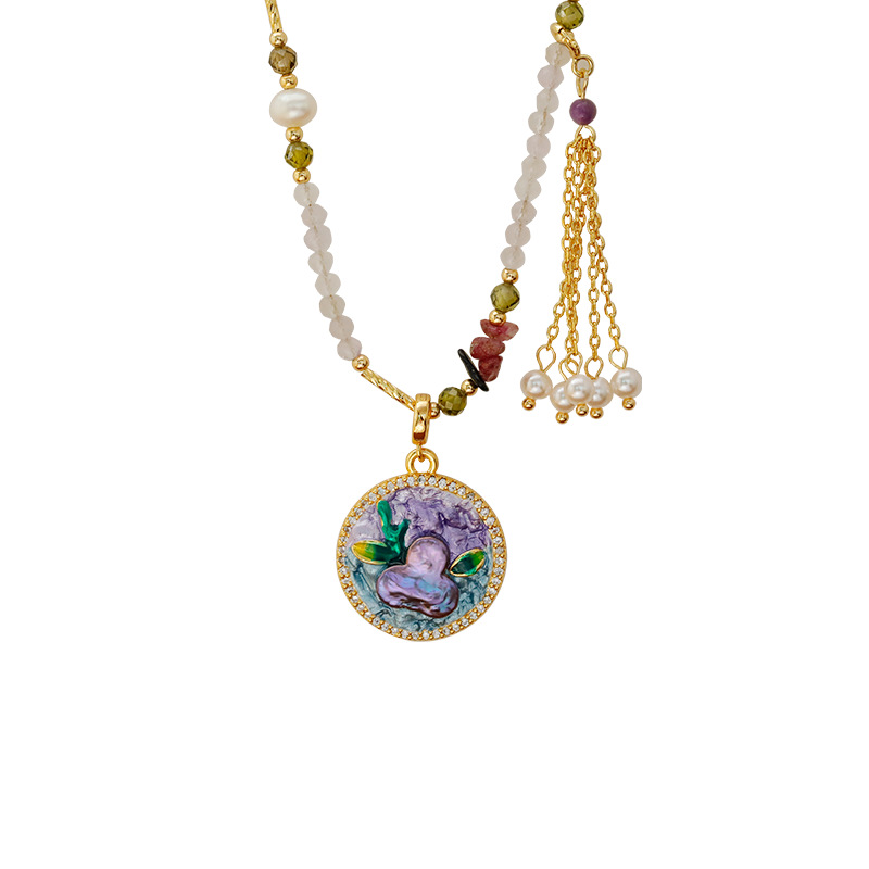 Hyacinth oil painting style necklace, Baroque natural pearl crystal collarbone chain, new Chinese ancient style, elegant and high-end sweater chain Item Picture
