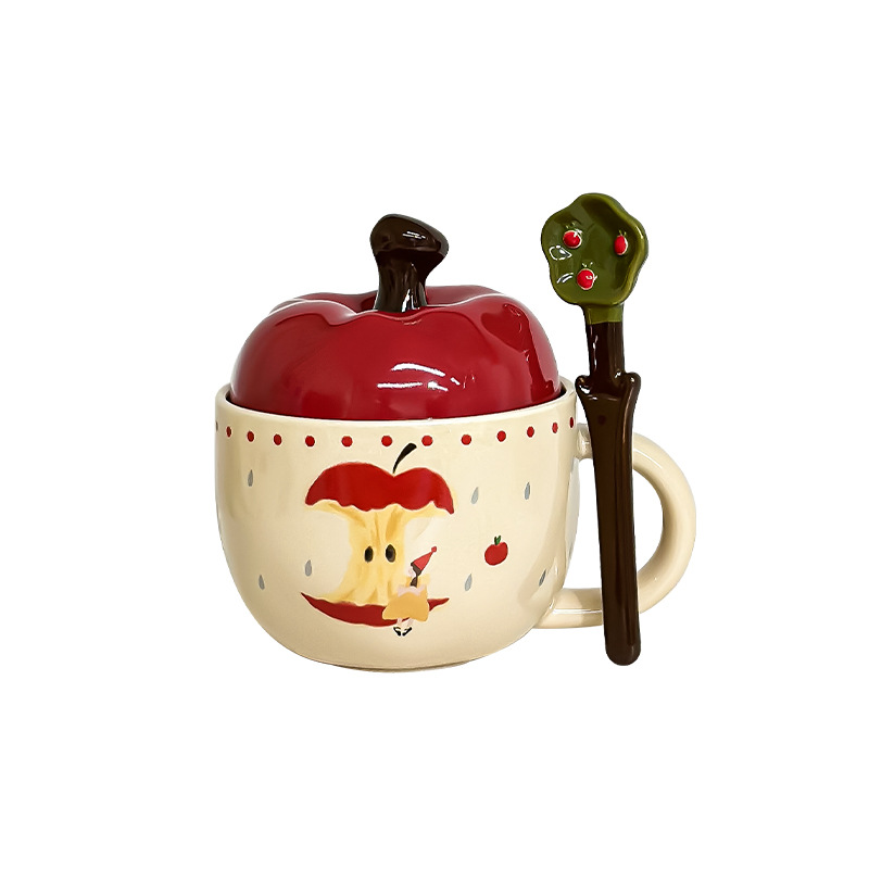 Cute cartoon apple ceramic mug with lid spoon, creative and personalized coffee milk, office water cup, home use Item Picture