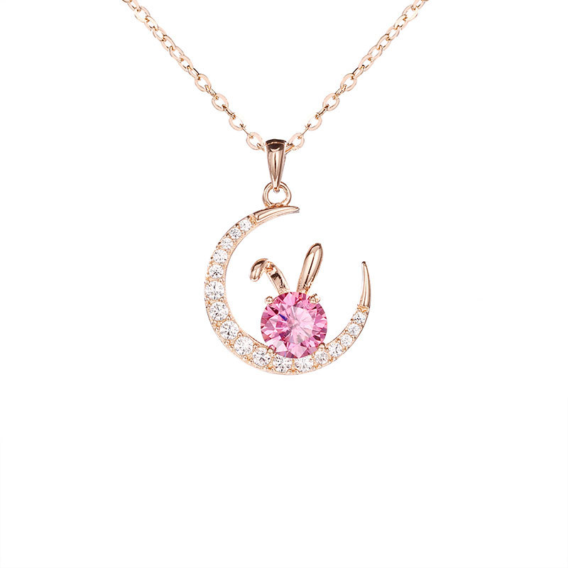 Zhuoheng Select Women's Light Luxury Niche S925 pure silver pink Moissanite rabbit Design pendant, zodiac Year Jade Rabbit Item Picture