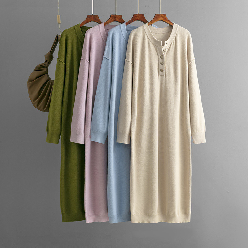 2024 Autumn/Winter new Amazon European and American button knitted sweater dress solid color loose casual sweater for women full figure