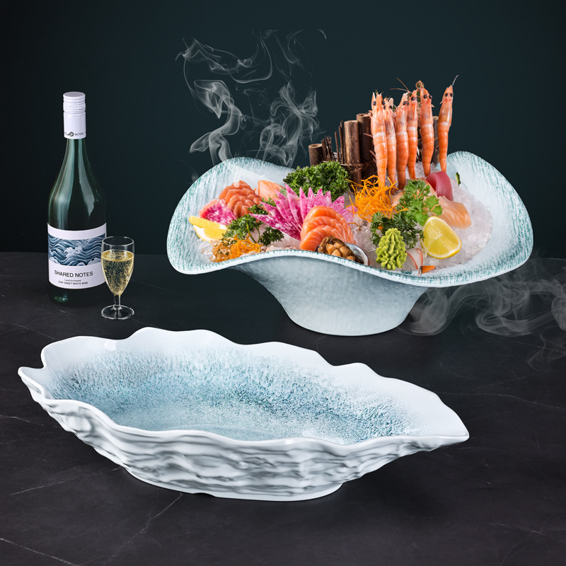 Melamine dry ice plate, hot pot tableware, creative hotel restaurant seafood, high-end oversized salmon sashimi plate details Picture