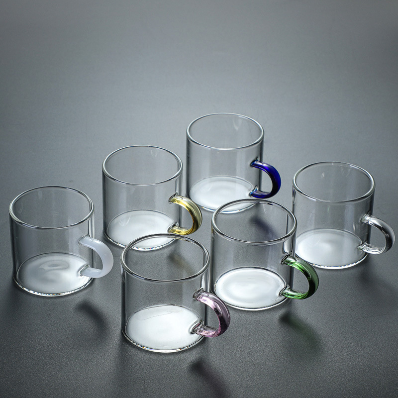 High borosilicate transparent glass with handle, single-layer small tea cups, colored handle, straight small tea cups details Picture