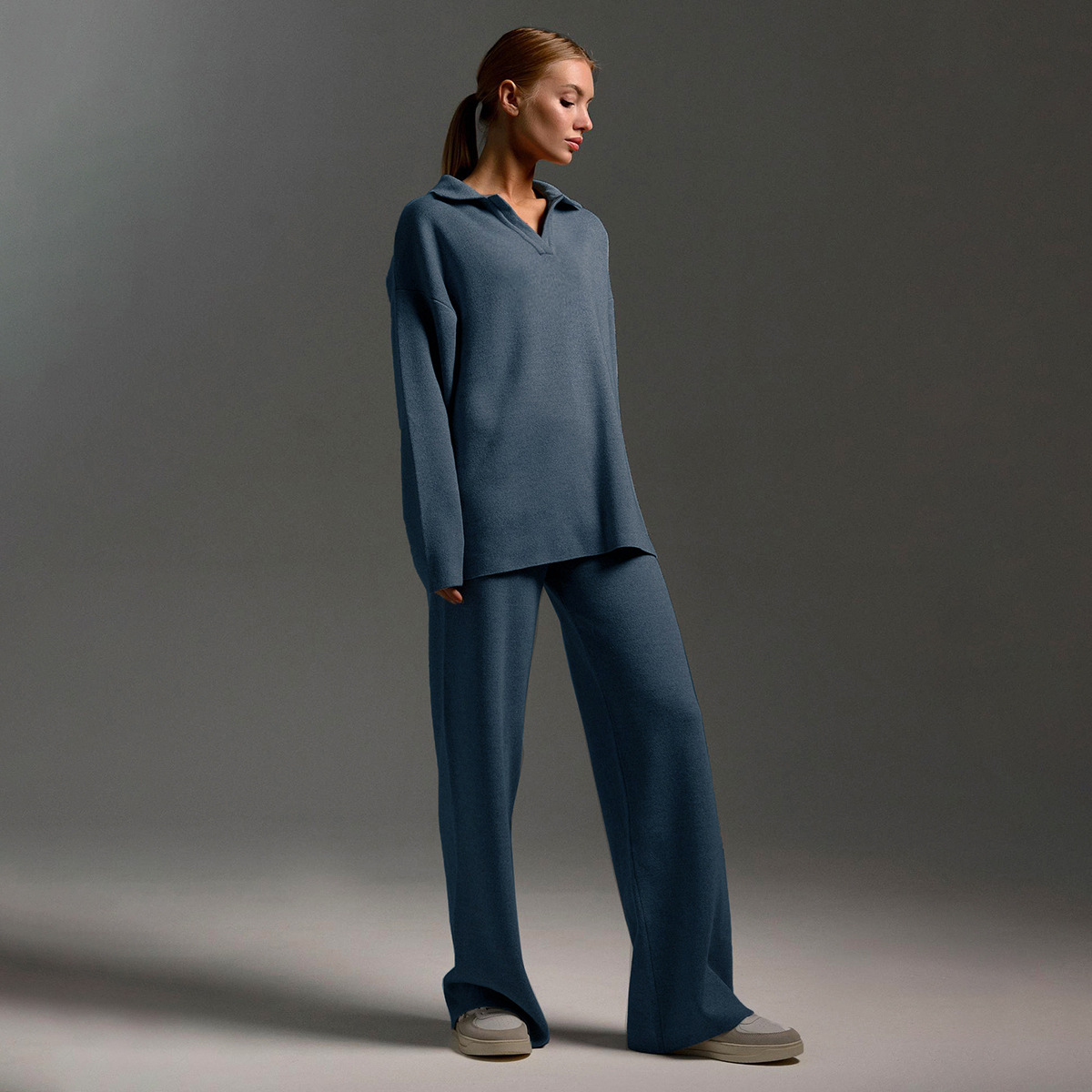 Cross-border knitted set: European and American autumn and winter sweater set, Polo collar knitted pullover + wide-leg long pants two-piece set details Picture