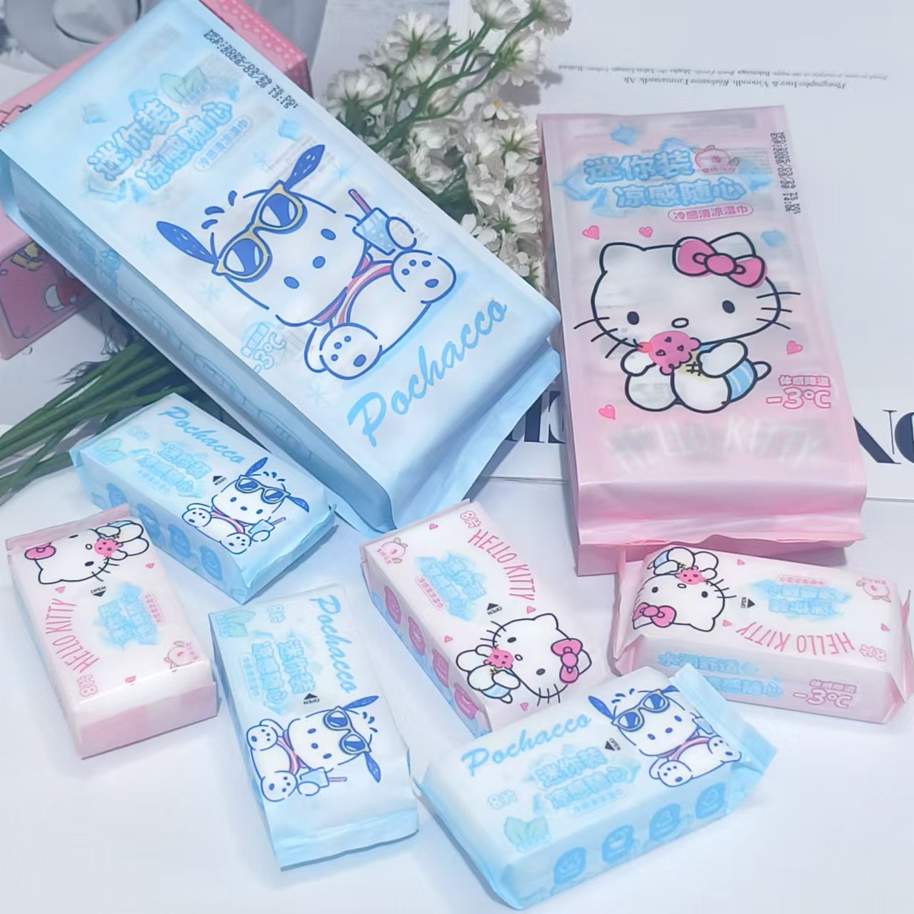 三丽鸥正版2025凯蒂猫夏季新品凉感手口湿巾帕恰狗海洋小包便携