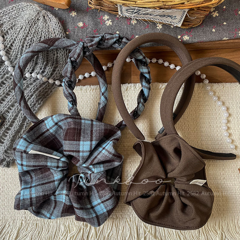 New Korean-style fabric checkered large colon hair band, girl's bun hairstyle, ponytail hair tie, versatile autumn hair band and hair accessory, retro checkered solid color hair accessory for autumn and winter, hair band, bow style, girl's daily fashionable headwear set Specification image