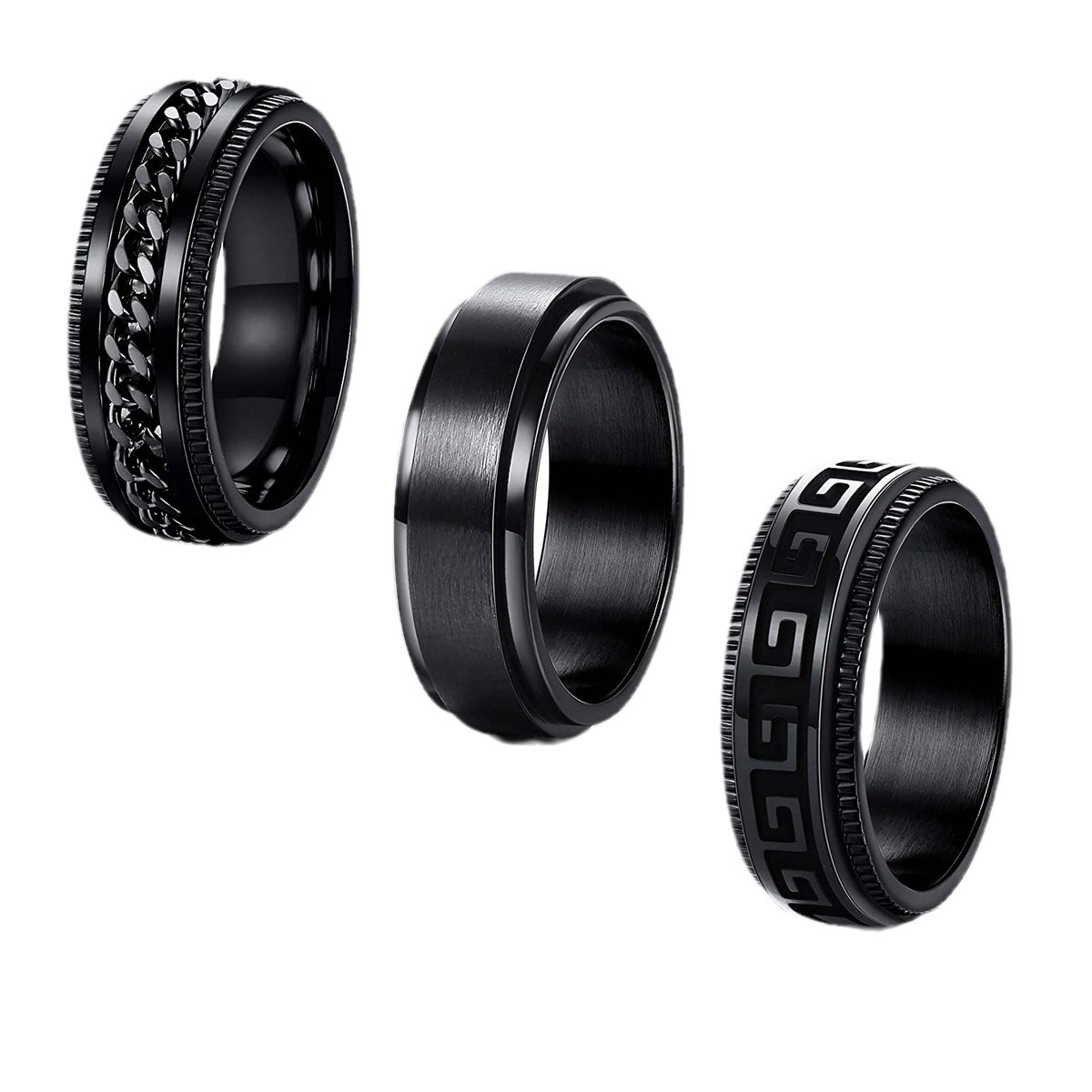 Amazon's best-selling men's titanium steel ring, black electroplated three-piece set, rotating ring, rotating stress-relieving accessory Item Picture