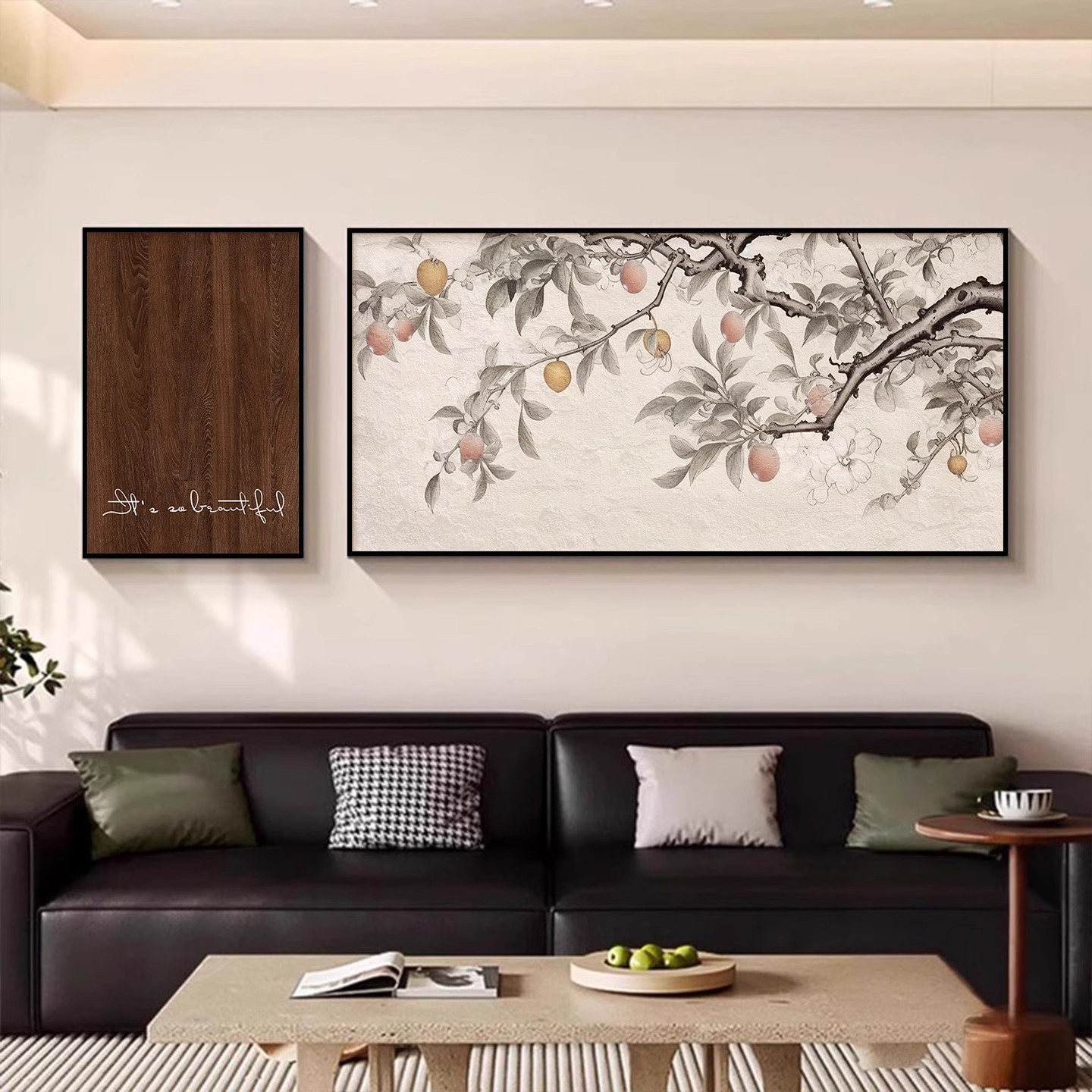Chinese-style living room sofa background wall decorative paintings, hanging paintings, green landscapes, French niche art combination murals Application Scenario