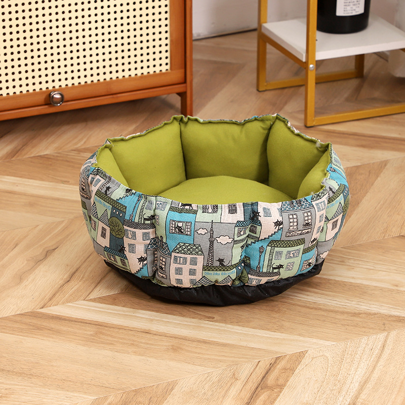 Wholesale of new thickened cotton pet beds, cross-border breathable linen pet beds, round octagonal anti-slip pet beds Application Scenario