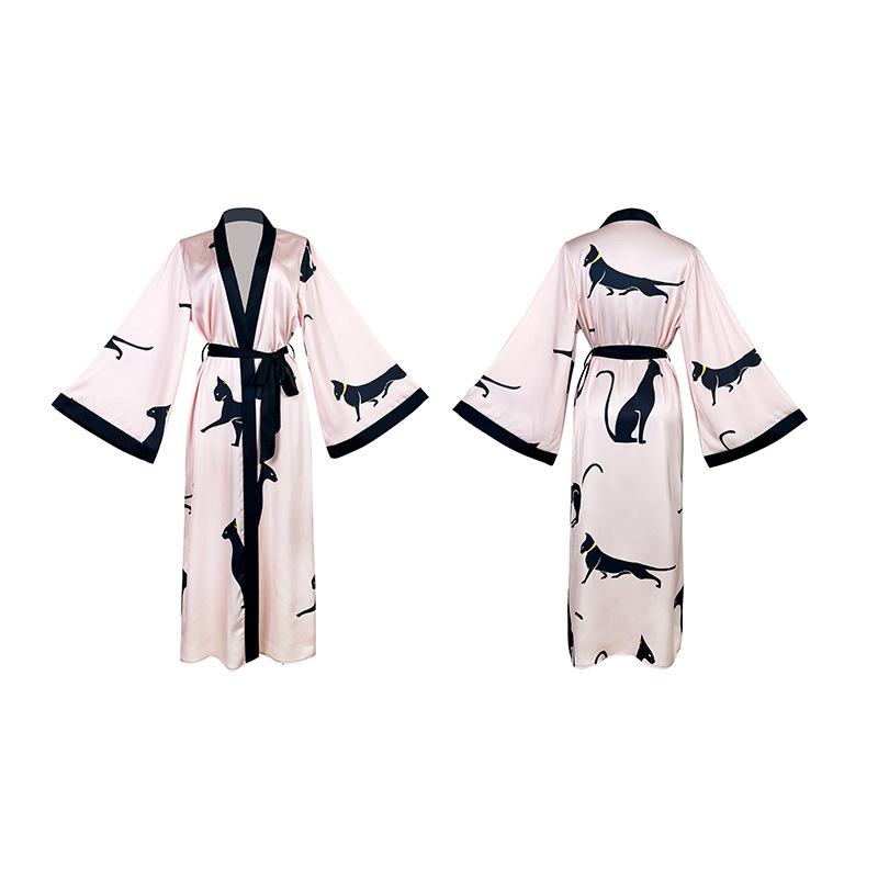 European and American Amazon cross-border women's long satin printed bathrobes, bathrobes, long-sleeved lace-up sexy home wear 838 Item Picture