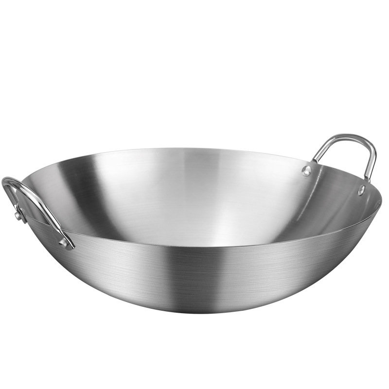Cross-border stainless steel wok, non-stick wok, household round bottom without coating, household iron wok, food-grade double-ear wok Item Picture