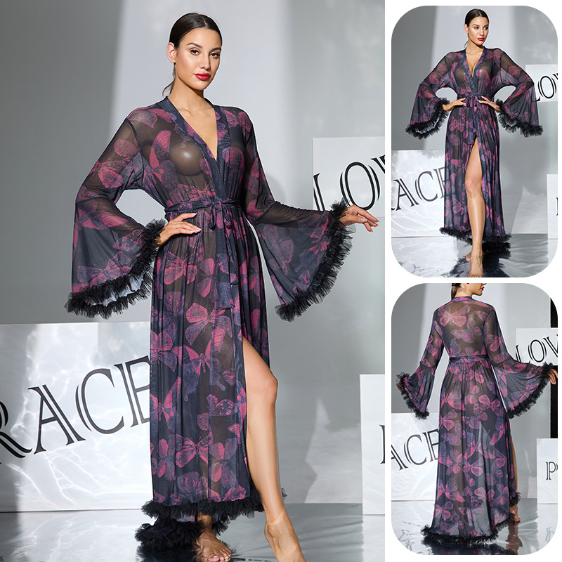 欧美大喇叭袖蝴蝶印花网纱睡袍系带流苏毛边高开叉浴袍家居服1119