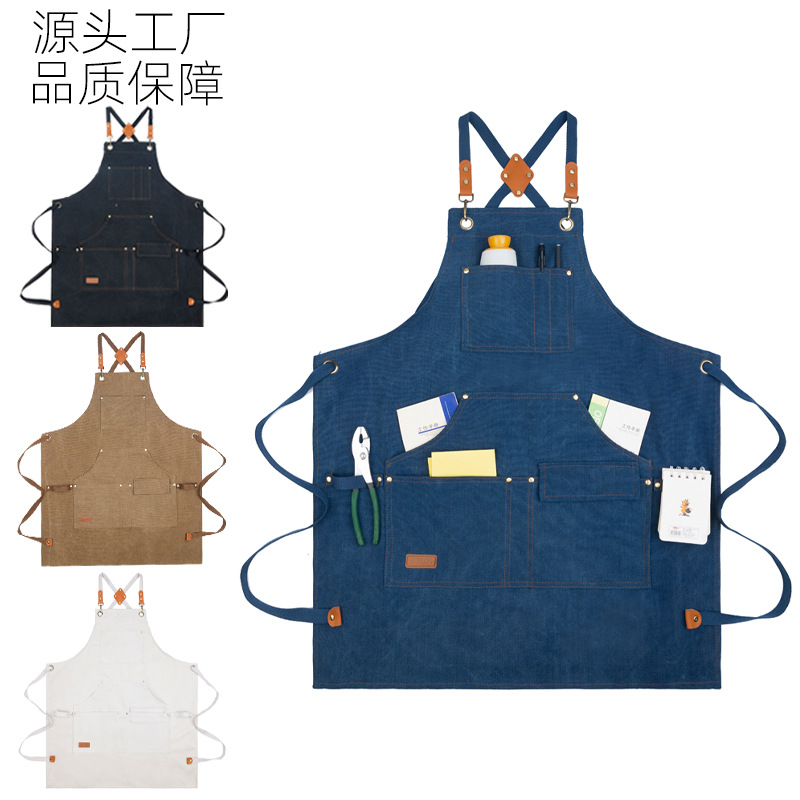 跨境帆布围腰双背带餐饮烧烤咖啡店美甲厨房家务园艺围裙透气围裙