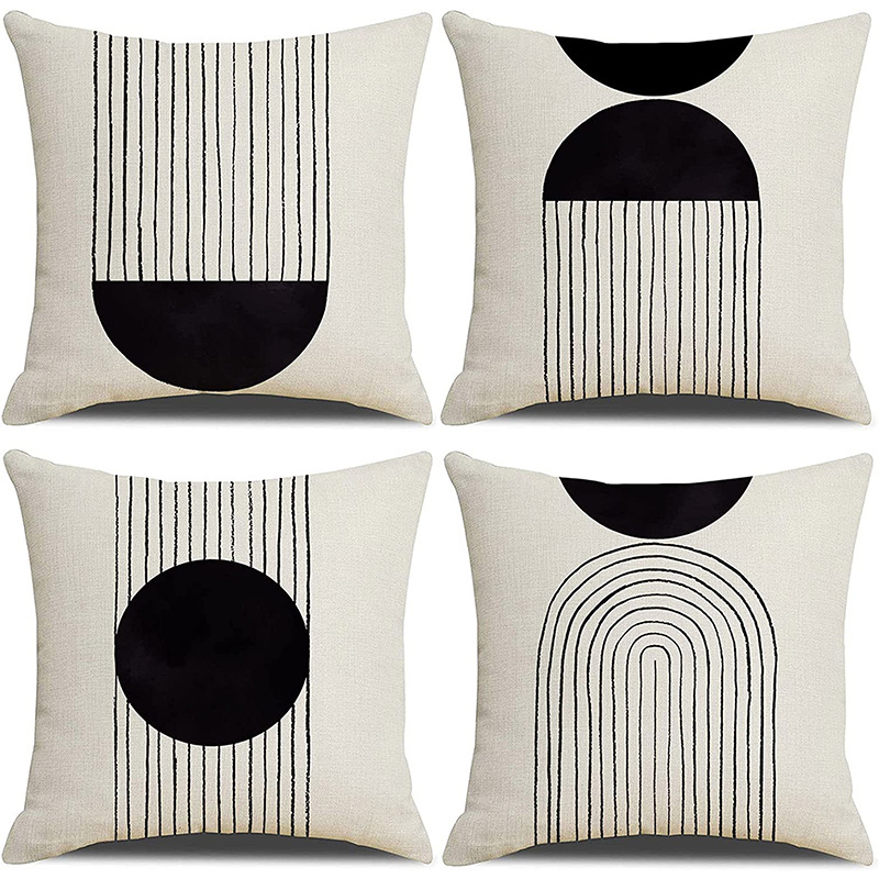 Amazon Cross-border's new black and white abstract line simple cushion cover for living room and office sofa linen pillowcase details Picture