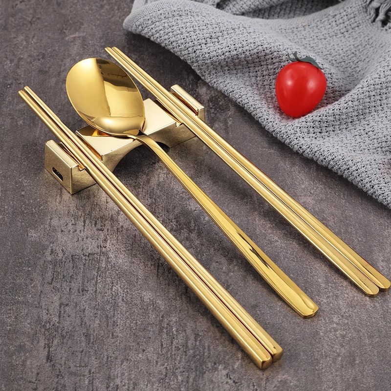 Korean-style 304 stainless steel chopsticks, household anti-slip flat chopsticks, solid golden chopsticks and spoons, square commercial barbecue restaurant tableware details Picture