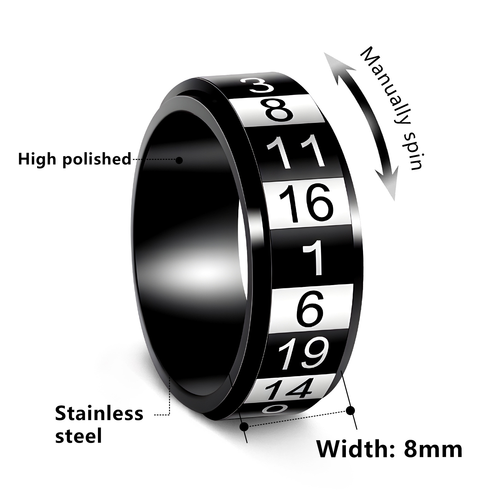 8mm Amazon new European and American jewelry, Arabic numerals rotatable men's titanium steel ring, stress-relieving ring Item Picture