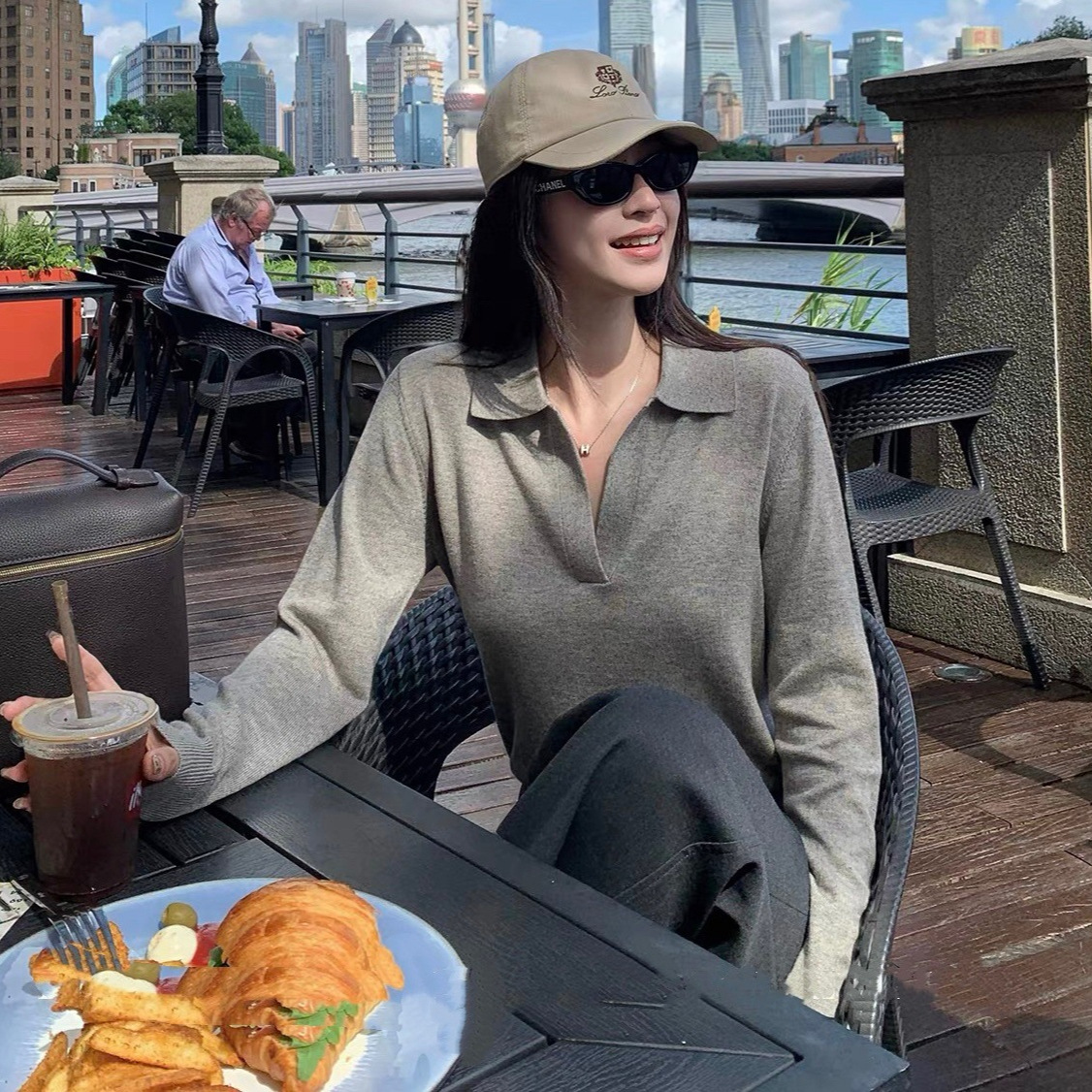 Lin12-高智淡人毛衣老钱风Polo领针织衫女慵懒休闲V领长袖上衣