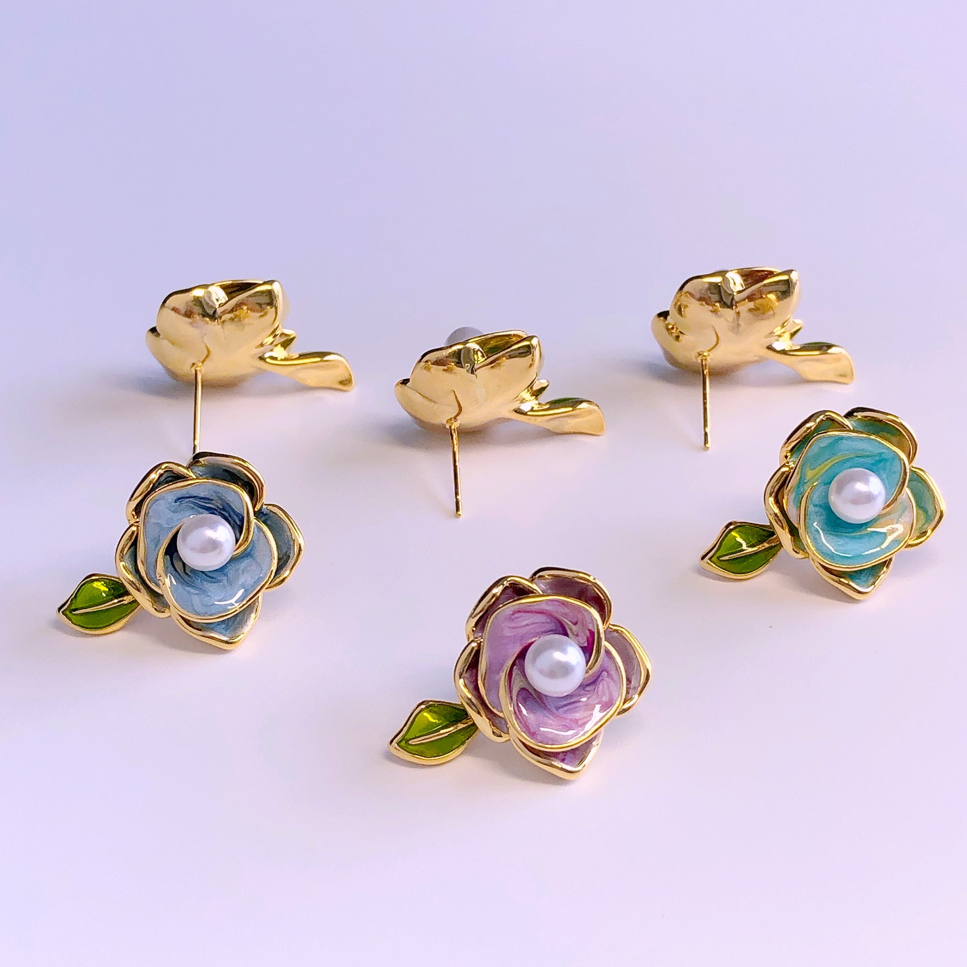 新款柏伶饰品法式高级耳钉玫瑰花小众复古珍珠耳环 925银针饰品厂