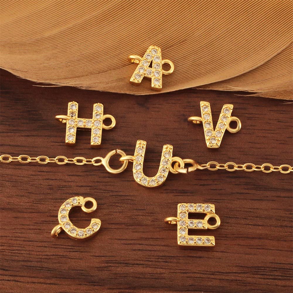 Double pendant with 26 English letters, set with zircon, copper-plated 18k gold, DIY jewelry, handmade necklace and bracelet accessory details Picture