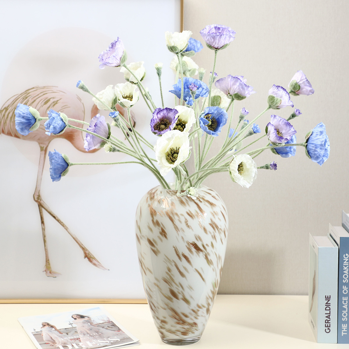 若惜5头植绒仿真虞美人假花北欧ins风家居装饰摆件仿真花摄影道具产品图