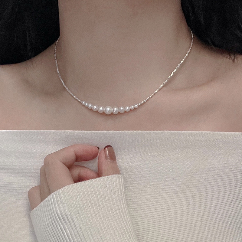 s925纯银碎银子项链女简约轻奢高级感配饰天然淡水珍珠微笑锁骨链