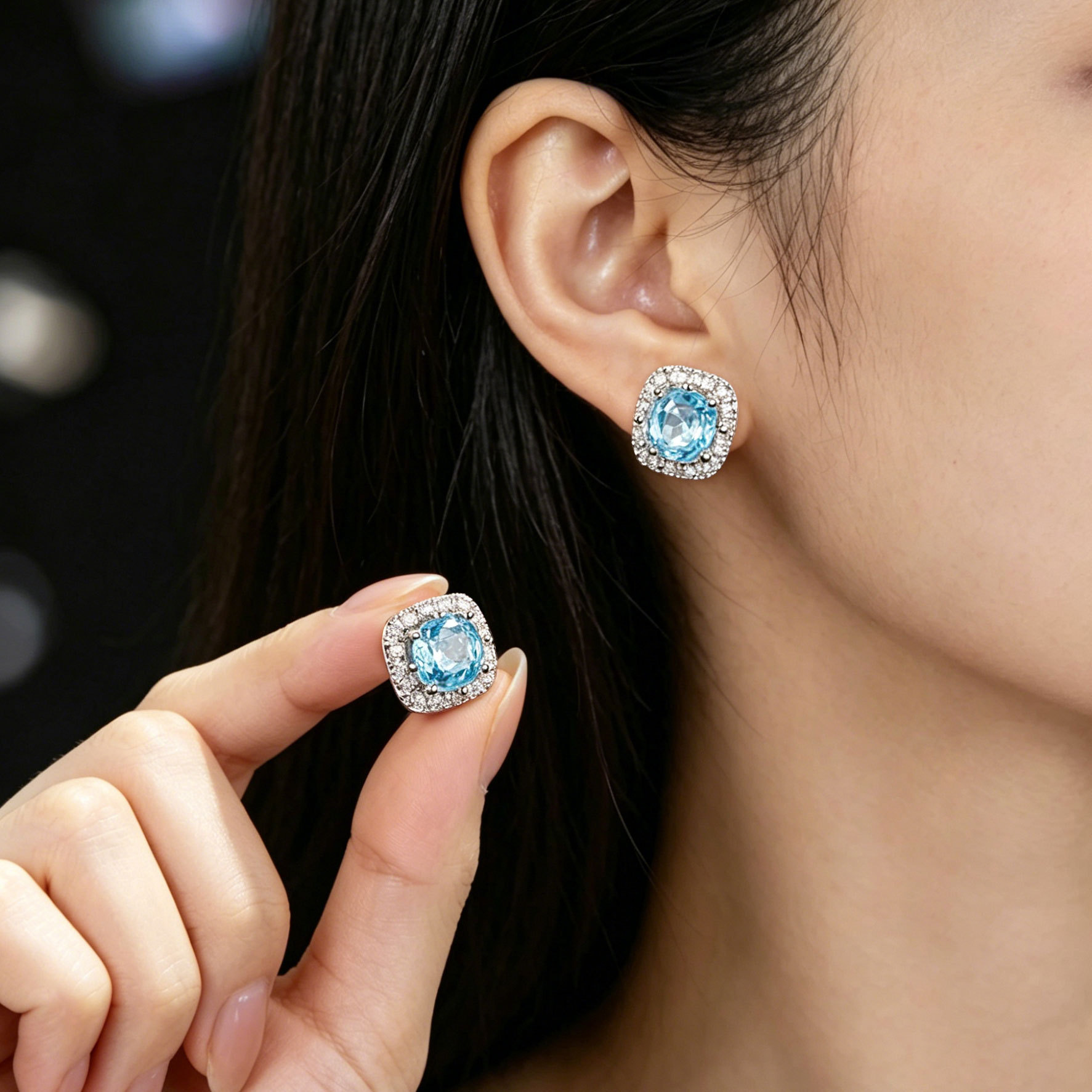 Heavy industry square micro-inlaid rose-cut ear studs, refreshing ice blue s925 silver needle, light luxury and high-end feel, bestseller and versatile earrings